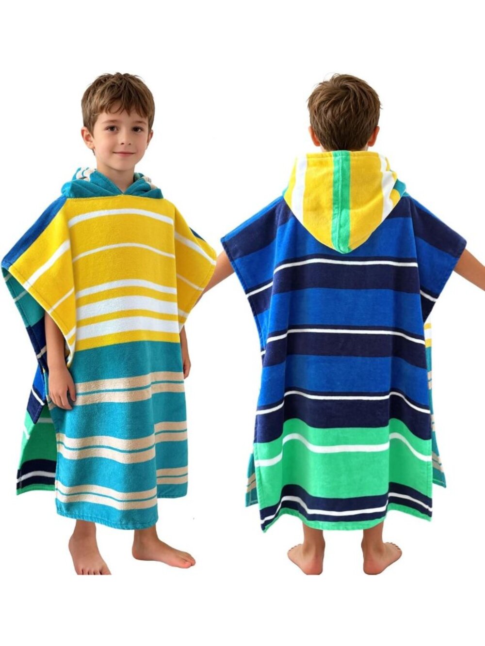 Cozy Hooded Poncho Towel for Kids 6-10Y, Soft 100% Cotton, Blue Stripes